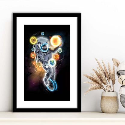 Outer Space Astronaut, Neon Sign Effect, Framed Art Print, Luxury Pictures Framed, White Border
