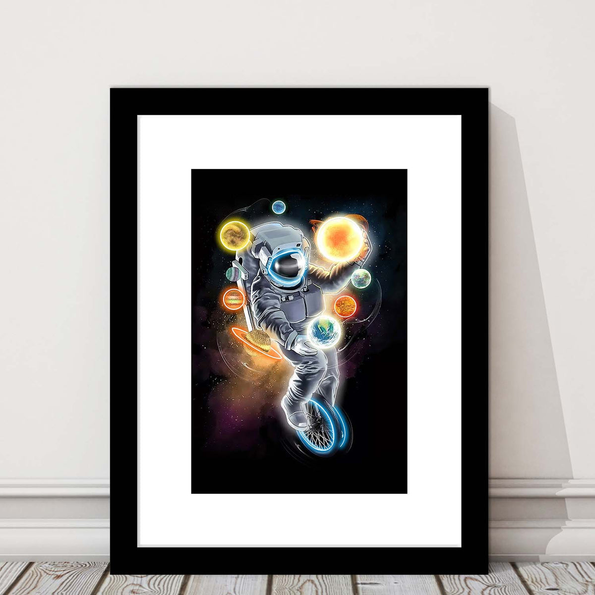 Outer Space Astronaut, Neon Sign Effect, Framed Art Print, Luxury Pictures Framed, White Border