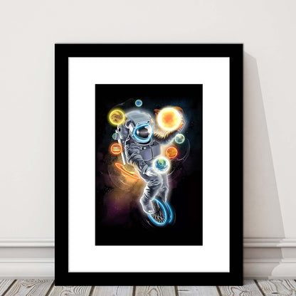 Outer Space Astronaut, Neon Sign Effect, Framed Art Print, Luxury Pictures Framed, White Border