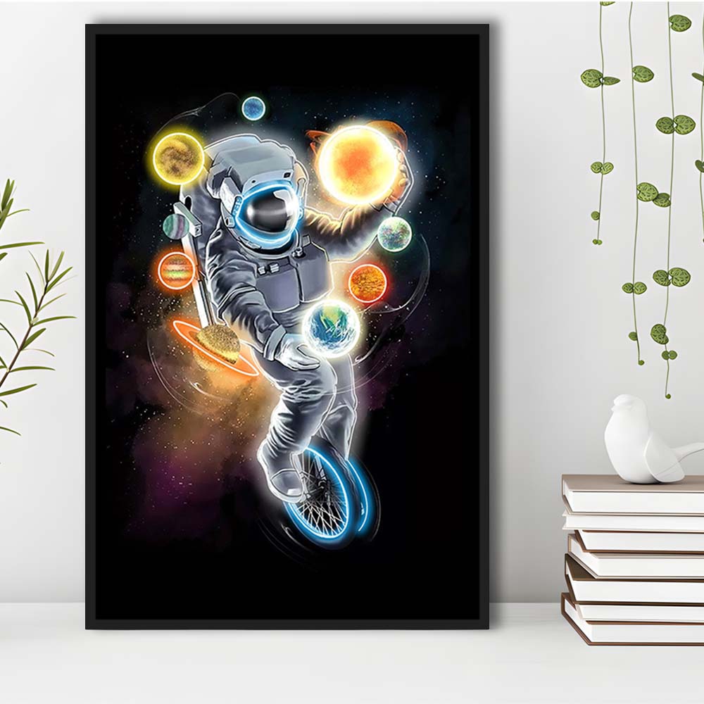 Outer Space Astronaut, Neon Sign Effect, Framed Canvas Print, Floating Frame, Luxury Wall Art Decor