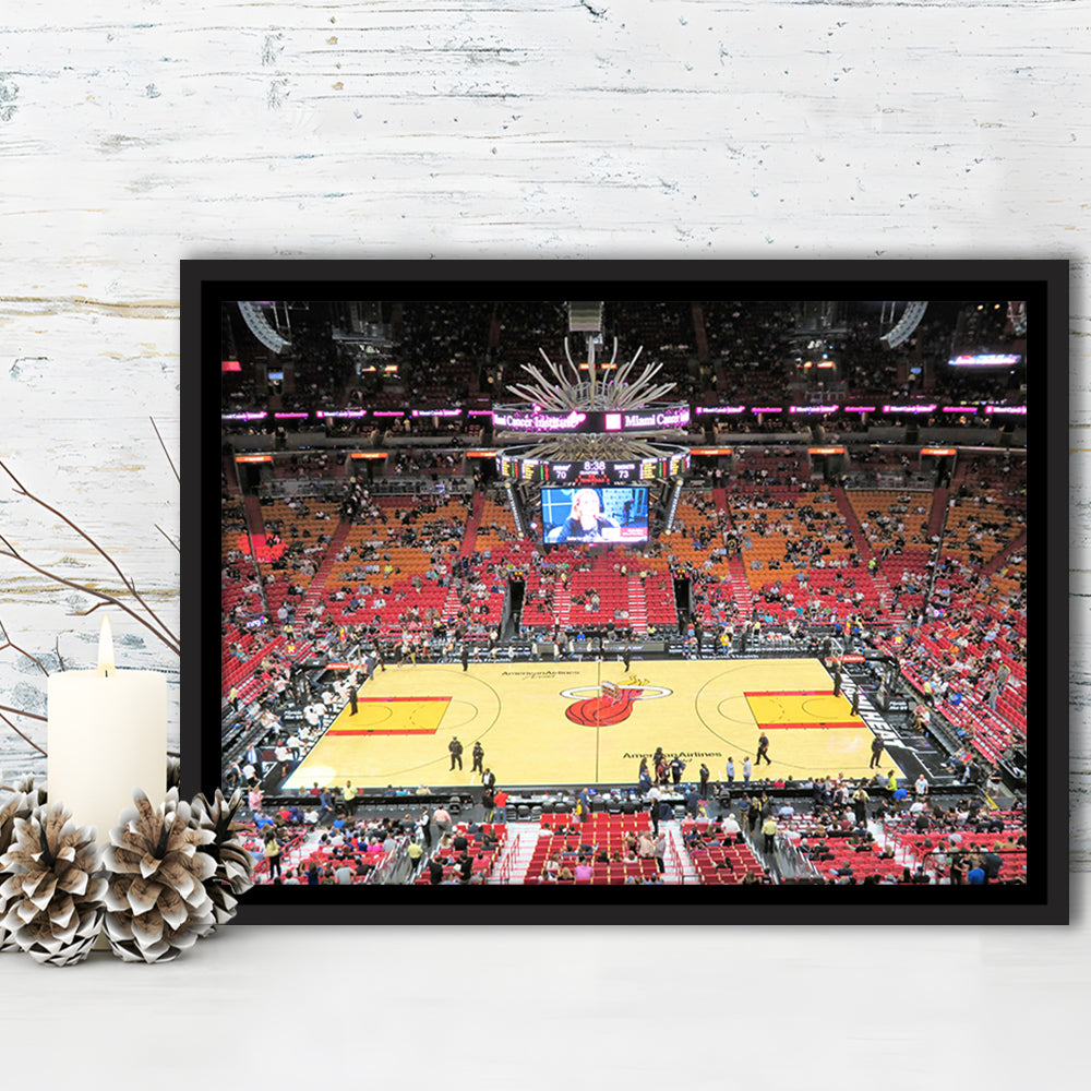 Overview of Court Miami Heat, Stadium Canvas, Sport Art, Framed Canvas Print Wall Art, Floating Frame