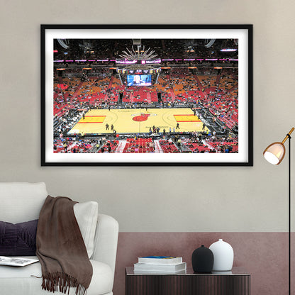 Overview of Court Miami Heat, Stadium Canvas, Sport Art, Gift for him, White Border Framed Art Print Wall Decor