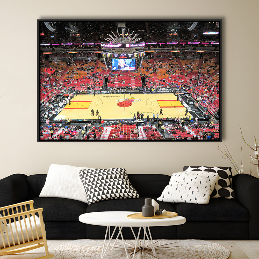 Overview of Court Miami Heat, Stadium Canvas, Sport Art, Framed Canvas Print Wall Art, Floating Frame
