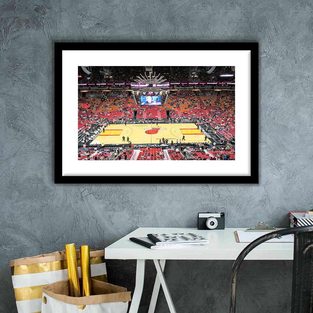 Overview of Court Miami Heat, Stadium Canvas, Sport Art, Gift for him, White Border Framed Art Print Wall Decor