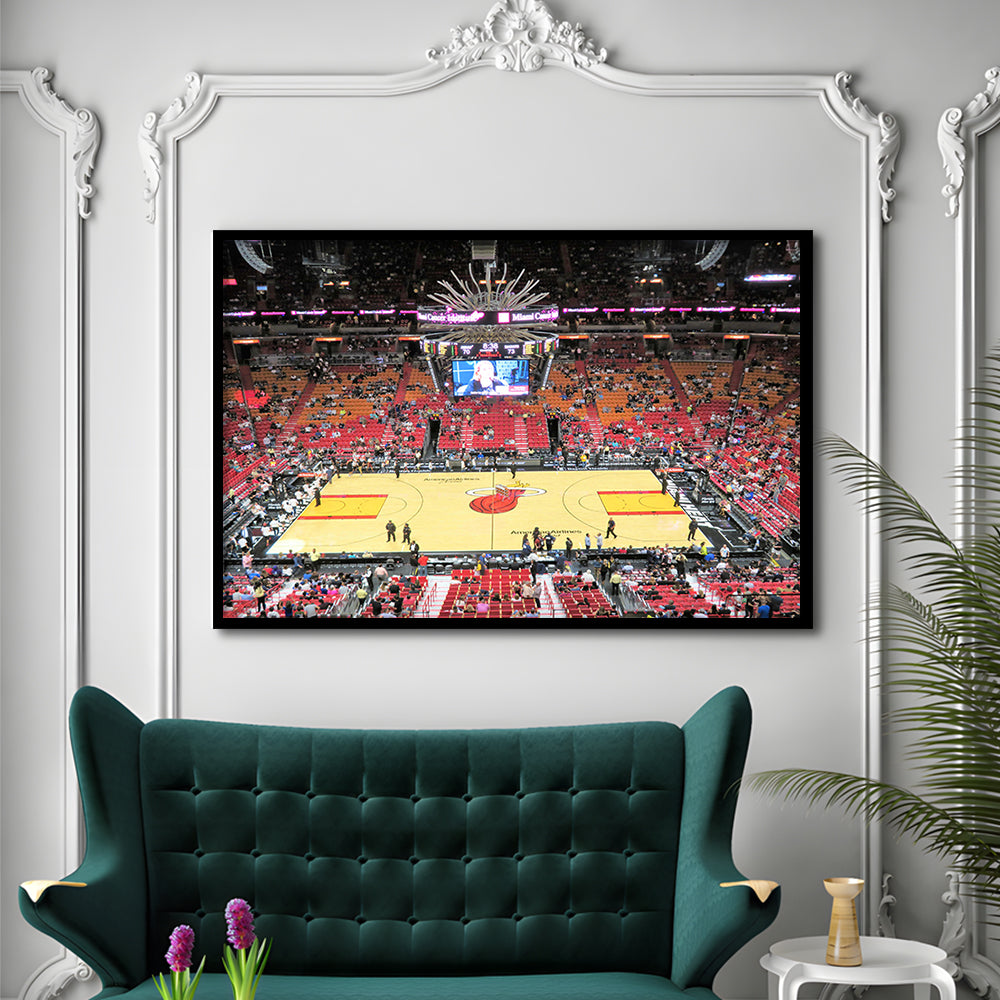 Overview of Court Miami Heat, Stadium Canvas, Sport Art, Gift for him, Framed Art Print Wall Decor, Picture Framed