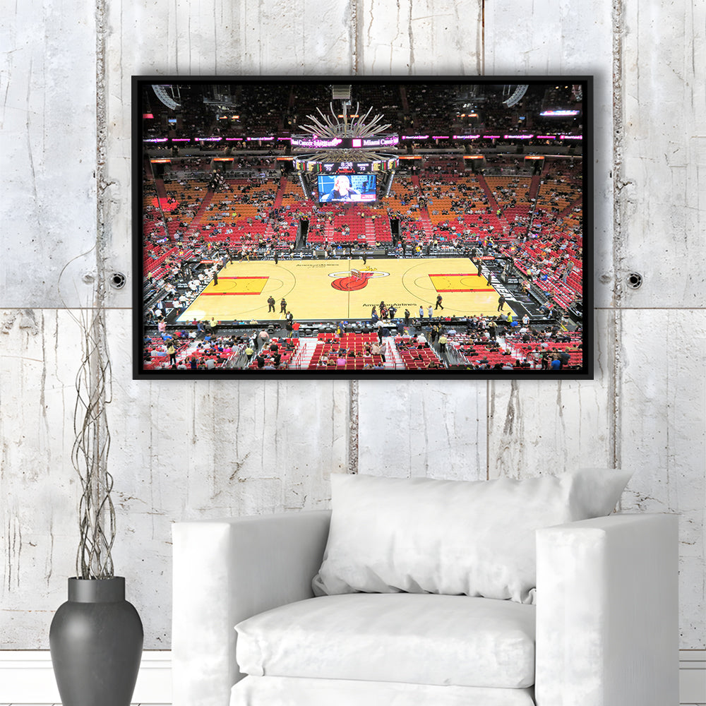 Overview of Court Miami Heat, Stadium Canvas, Sport Art, Framed Canvas Print Wall Art, Floating Frame