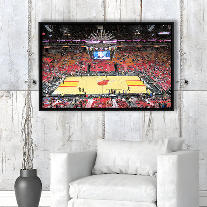 Overview of Court Miami Heat, Stadium Canvas, Sport Art, Framed Canvas Print Wall Art, Floating Frame