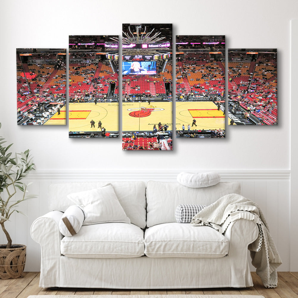 Overview of Court Miami Heat, Stadium Canvas, Sport Art, Gift for him, 5 Panel, Large Canvas, Canvas Print Wall Art