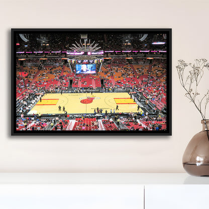 Overview of Court Miami Heat, Stadium Canvas, Sport Art, Framed Canvas Print Wall Art, Floating Frame