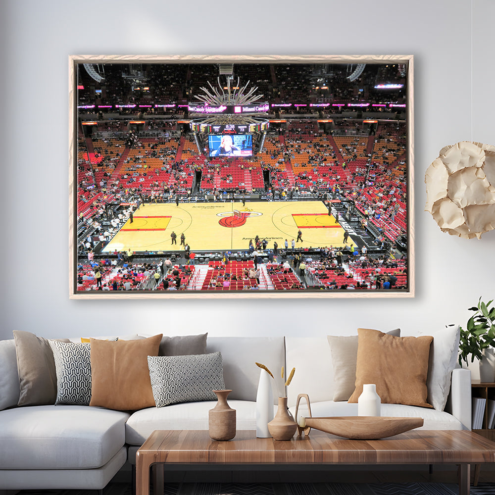 Overview of Court Miami Heat, Stadium Canvas, Sport Art, Framed Canvas Print Wall Art, Floating Frame