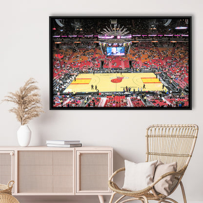 Overview of Court Miami Heat, Stadium Canvas, Sport Art, Framed Canvas Print Wall Art, Floating Frame