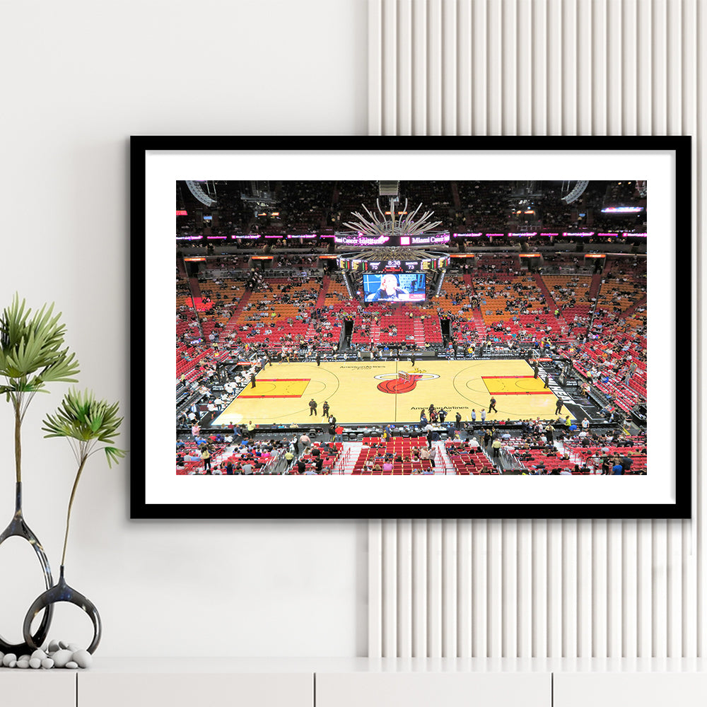 Overview of Court Miami Heat, Stadium Canvas, Sport Art, Gift for him, White Border Framed Art Print Wall Decor