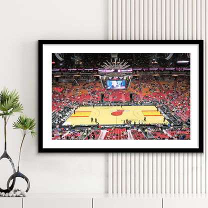 Overview of Court Miami Heat, Stadium Canvas, Sport Art, Gift for him, White Border Framed Art Print Wall Decor