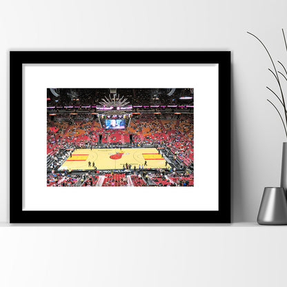 Overview of Court Miami Heat, Stadium Canvas, Sport Art, Gift for him, White Border Framed Art Print Wall Decor
