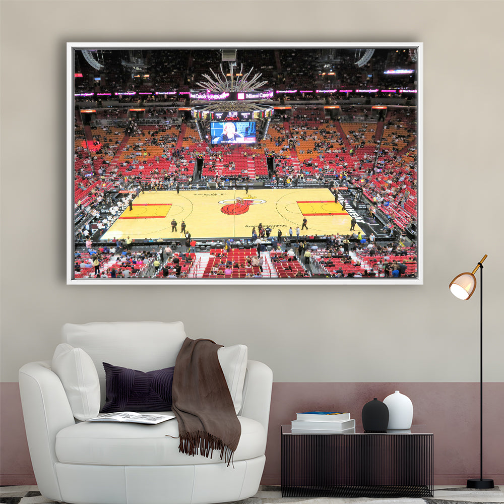 Overview of Court Miami Heat, Stadium Canvas, Sport Art, Framed Canvas Print Wall Art, Floating Frame