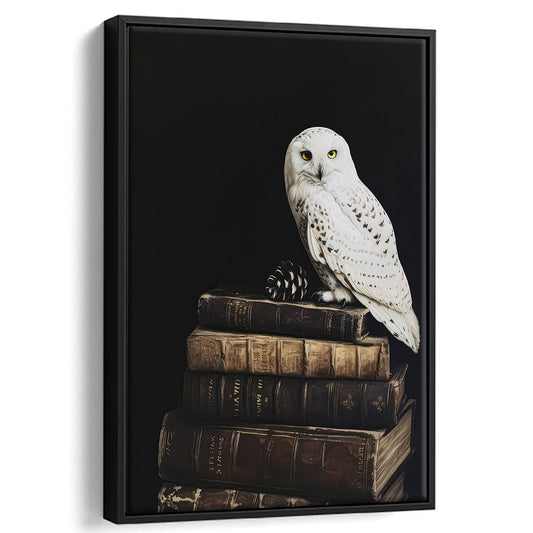 Owl on Vintage Books Oil Painting Dark Academia Cottagecore Bookish Decor, Framed Canvas Print Wall Art, Floating Frame