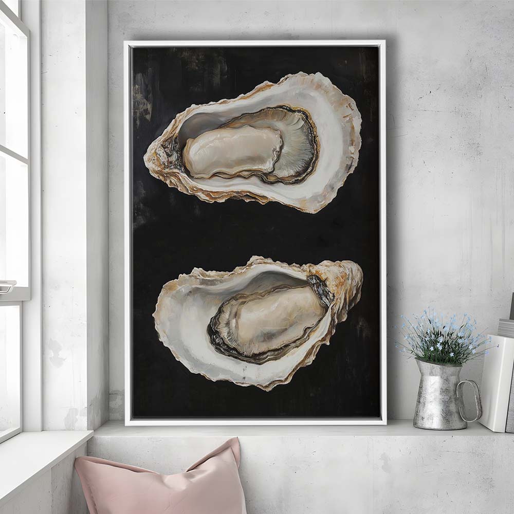 Oyster Oil Painting Art Print, French Kitchen Art, Still Life Art, Kitchen Wall Decor, Framed Canvas Print, Floating Frame
