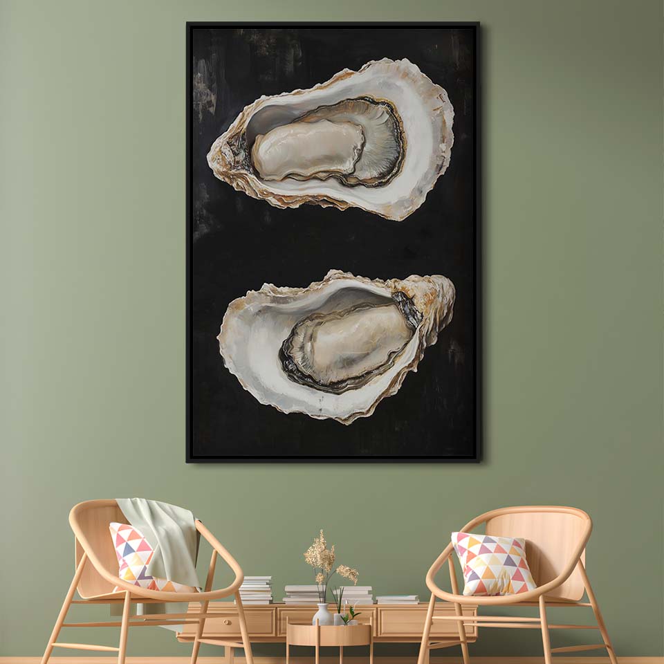 Oyster Oil Painting Art Print, French Kitchen Art, Still Life Art, Kitchen Wall Decor, Framed Canvas Print, Floating Frame