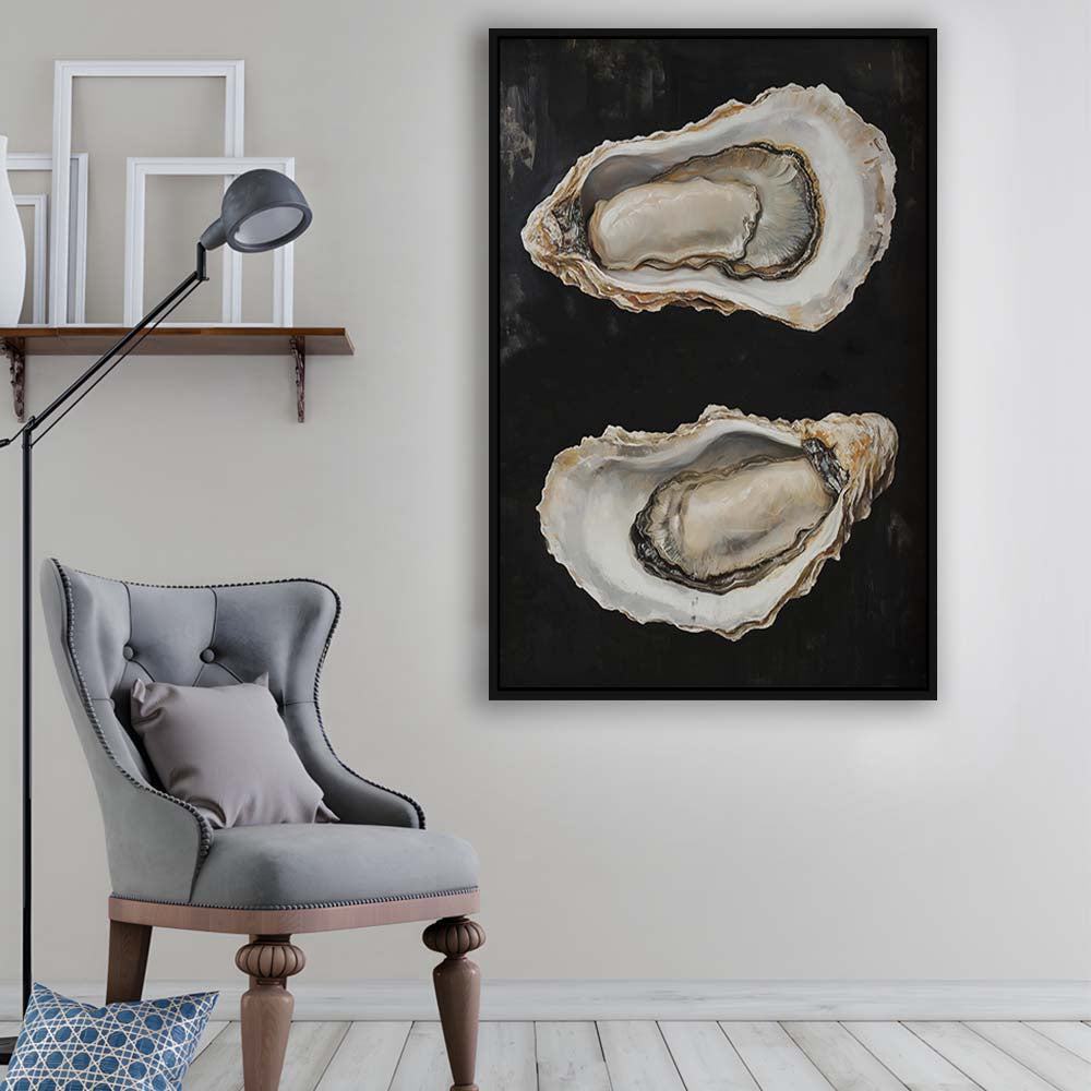 Oyster Oil Painting Art Print, French Kitchen Art, Still Life Art, Kitchen Wall Decor, Framed Canvas Print, Floating Frame