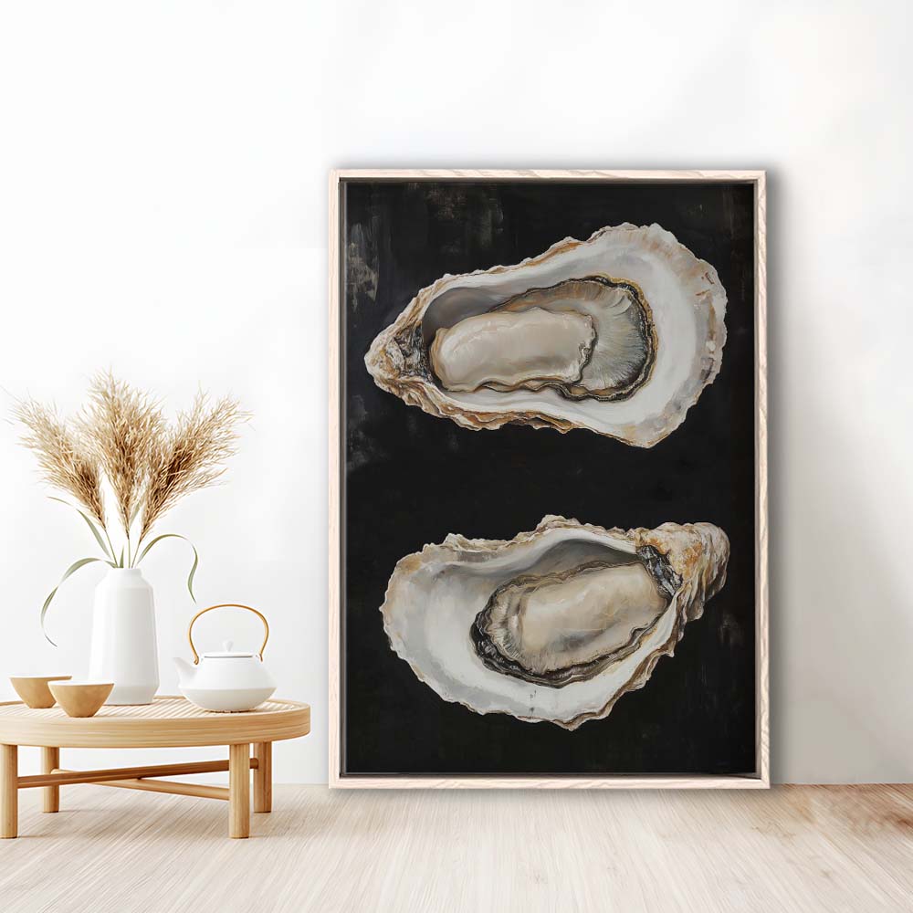 Oyster Oil Painting Art Print, French Kitchen Art, Still Life Art, Kitchen Wall Decor, Framed Canvas Print, Floating Frame