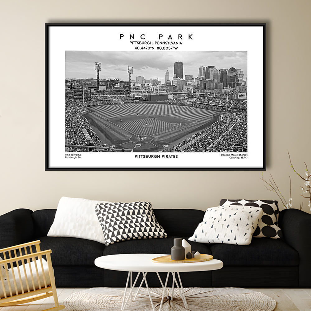 Pnc Park Stadium Black And White, Pittsburgh Baseball Stadium Wall Art, Framed Canvas Print Wall Art