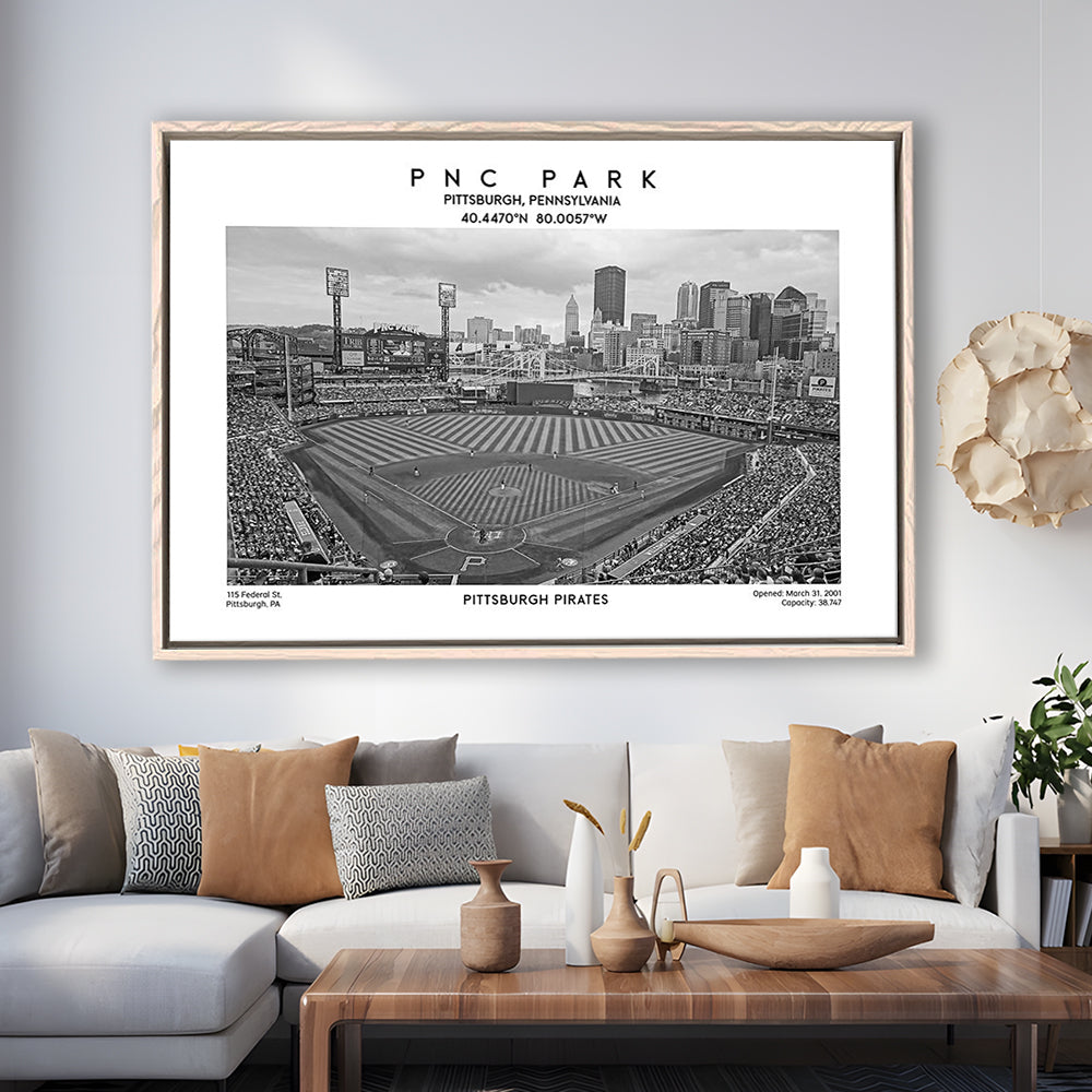 Pnc Park Stadium Black And White, Pittsburgh Baseball Stadium Wall Art, Framed Canvas Print Wall Art