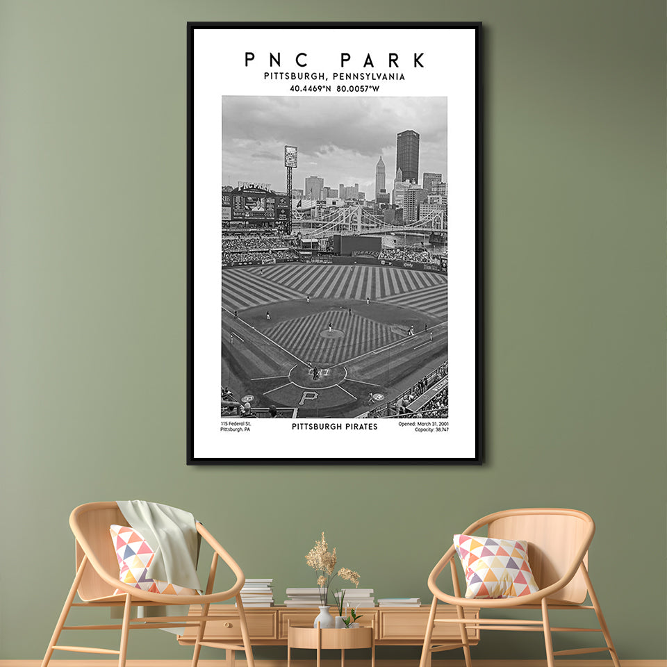 Pnc Park Stadium Black And White, Pittsburgh Pirates Baseball Stadium Wall Art Print, Framed Canvas Prints Wall Art