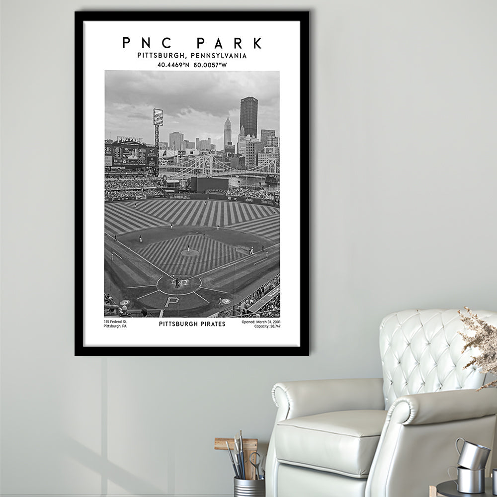 Pnc Park Stadium Black And White, Pittsburgh Pirates Baseball Stadium Wall Art Print, Framed Art Prints Wall Decor
