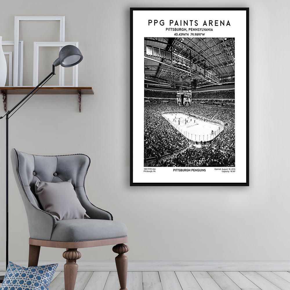 Ppg Paints Arena Stadium Black And White, Pittsburgh Penguins Hockey Stadium Wall Art, Framed Canvas Prints Wall Art