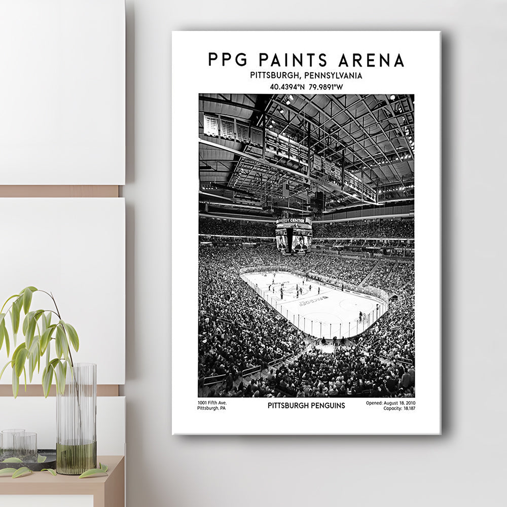 Ppg Paints Arena Stadium Black And White, Pittsburgh Penguins Hockey Stadium Wall Art, Canvas Prints Wall Art, Man Cave Decor