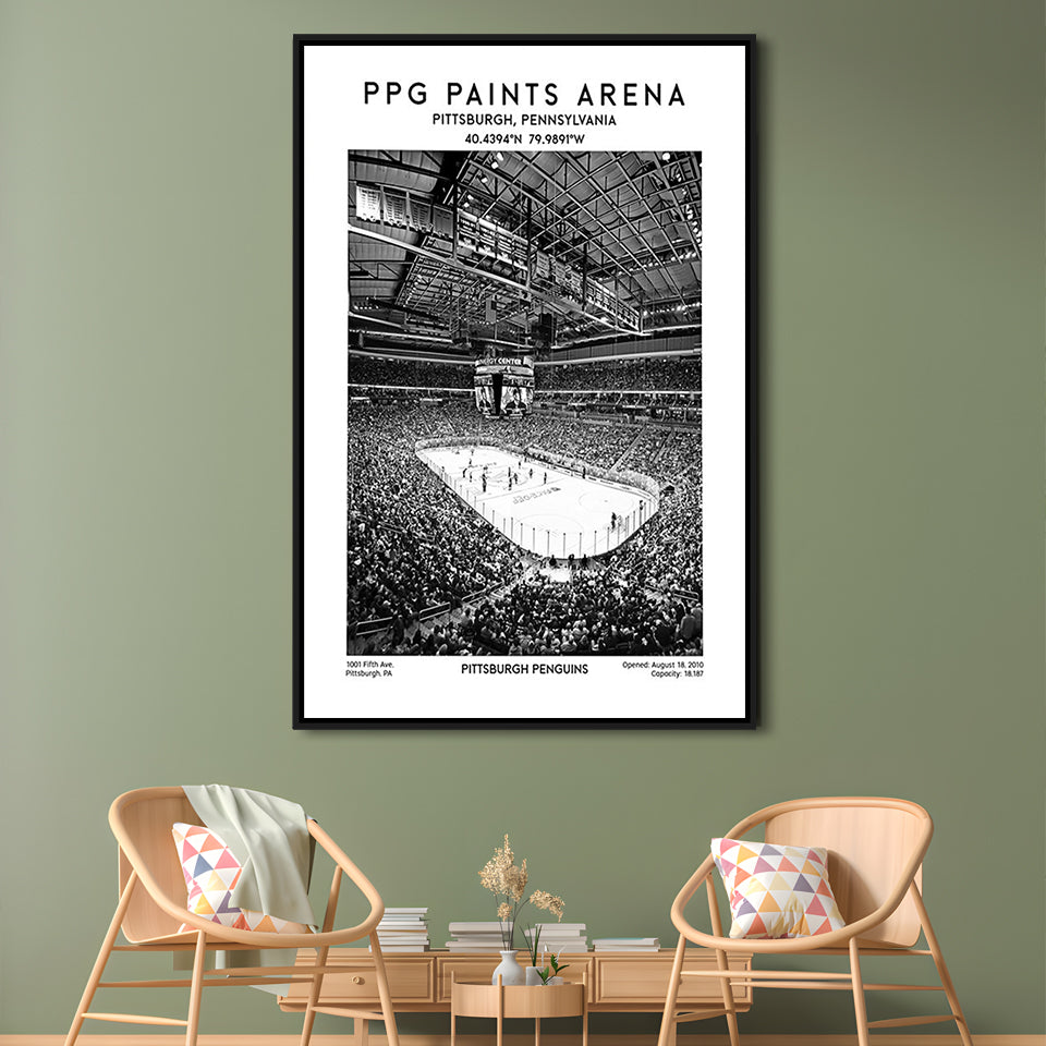 Ppg Paints Arena Stadium Black And White, Pittsburgh Penguins Hockey Stadium Wall Art, Framed Canvas Prints Wall Art