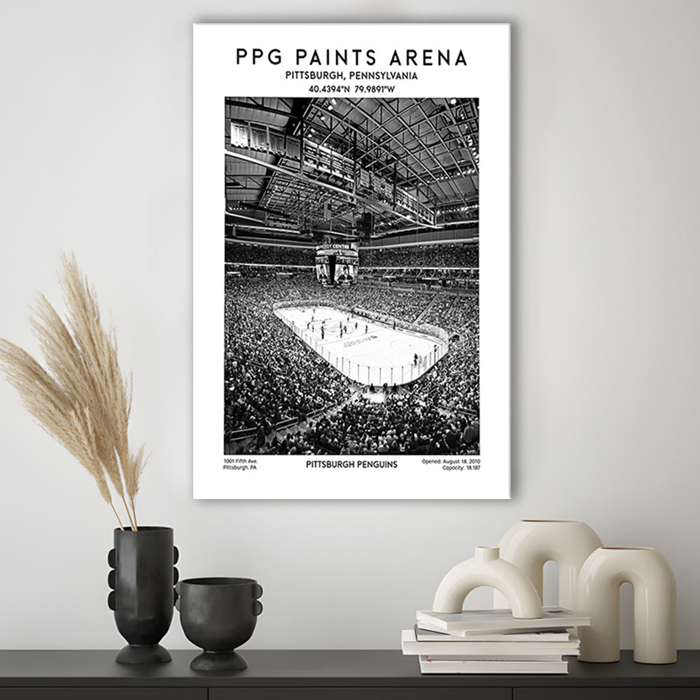 Ppg Paints Arena Stadium Black And White, Pittsburgh Penguins Hockey Stadium Wall Art, Canvas Prints Wall Art, Man Cave Decor