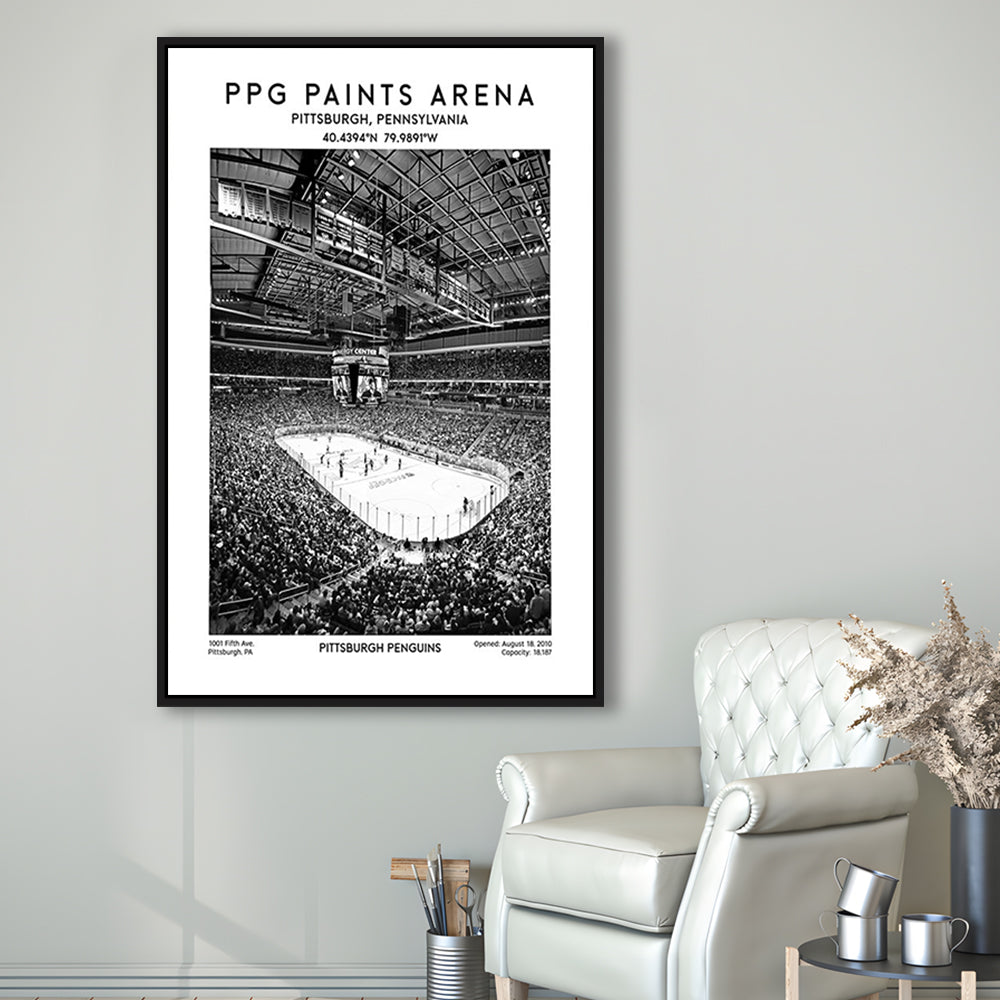 Ppg Paints Arena Stadium Black And White, Pittsburgh Penguins Hockey Stadium Wall Art, Framed Canvas Prints Wall Art
