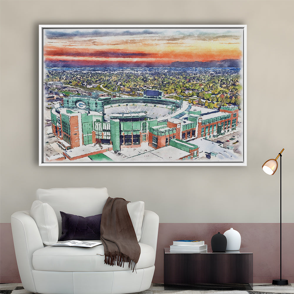Packers Stadium Painting Canvas, Lambeau Field Watercolor, Sport Gift Art, Framed Canvas Print Wall Art