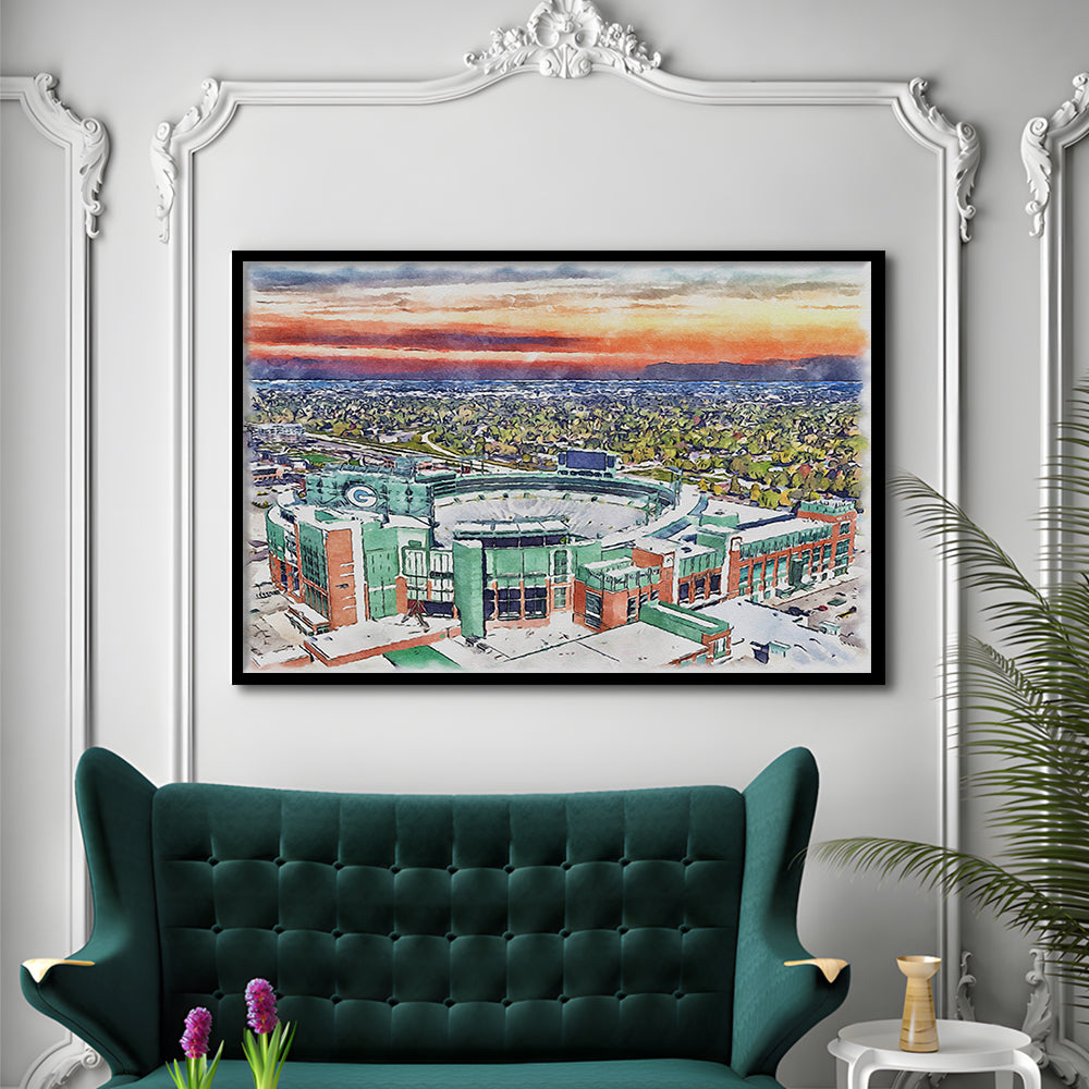 Packers Stadium Painting Canvas, Lambeau Field Watercolor, Sport Gift Art, Framed Art Print Wall Decor