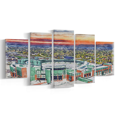 Packers Stadium Painting Canvas, Lambeau Field Watercolor, Sport Art, Mixed 5 Panel, Canvas Print Wall Art