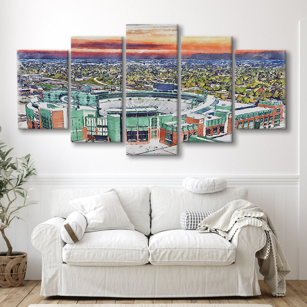 Packers Stadium Painting Canvas, Lambeau Field Watercolor, Sport Art, Mixed 5 Panel, Canvas Print Wall Art