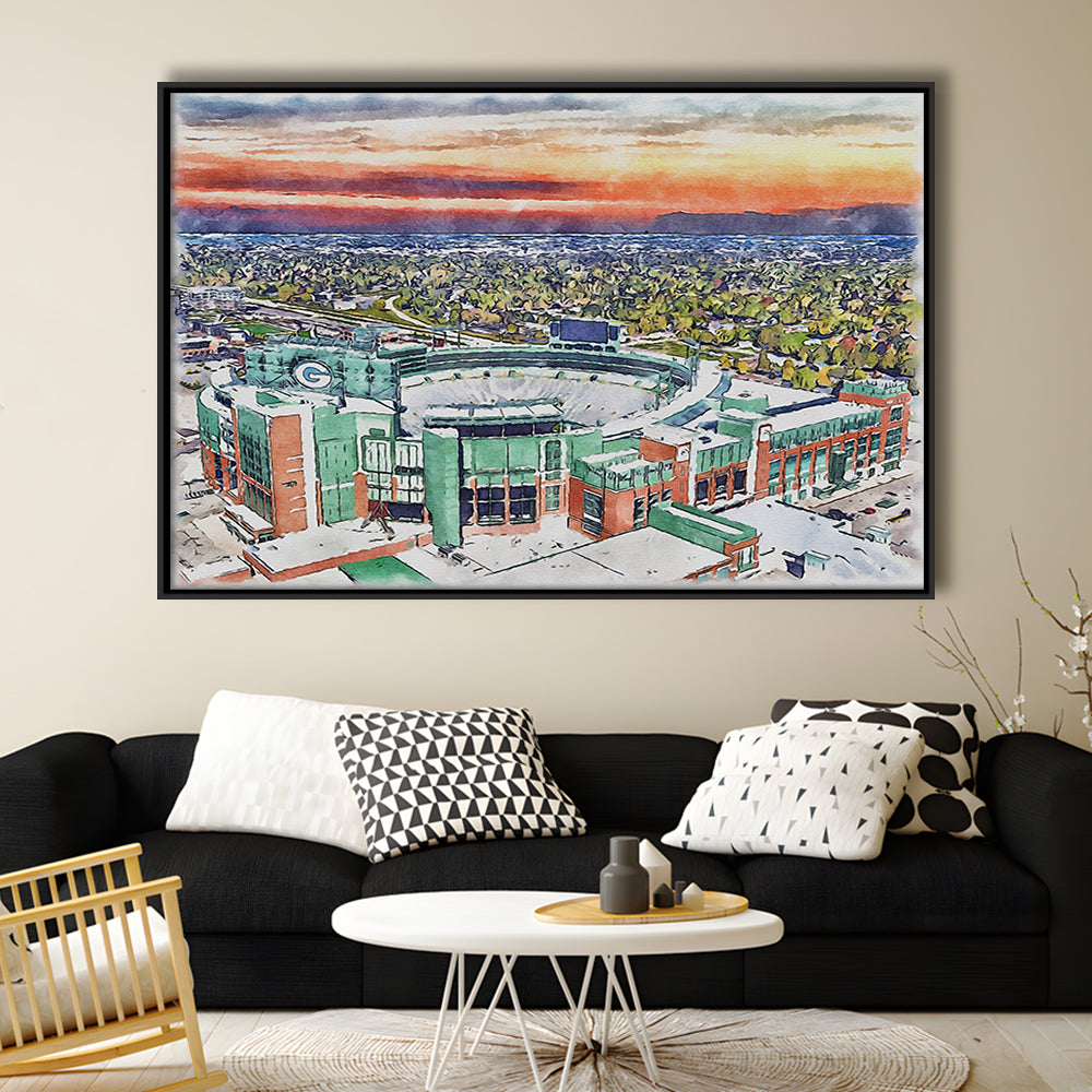 Packers Stadium Painting Canvas, Lambeau Field Watercolor, Sport Gift Art, Framed Canvas Print Wall Art