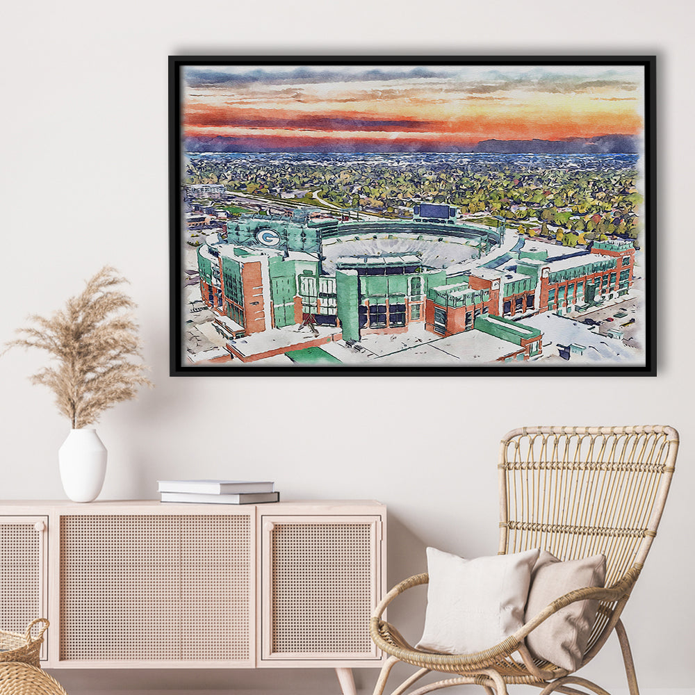 Packers Stadium Painting Canvas, Lambeau Field Watercolor, Sport Gift Art, Framed Canvas Print Wall Art