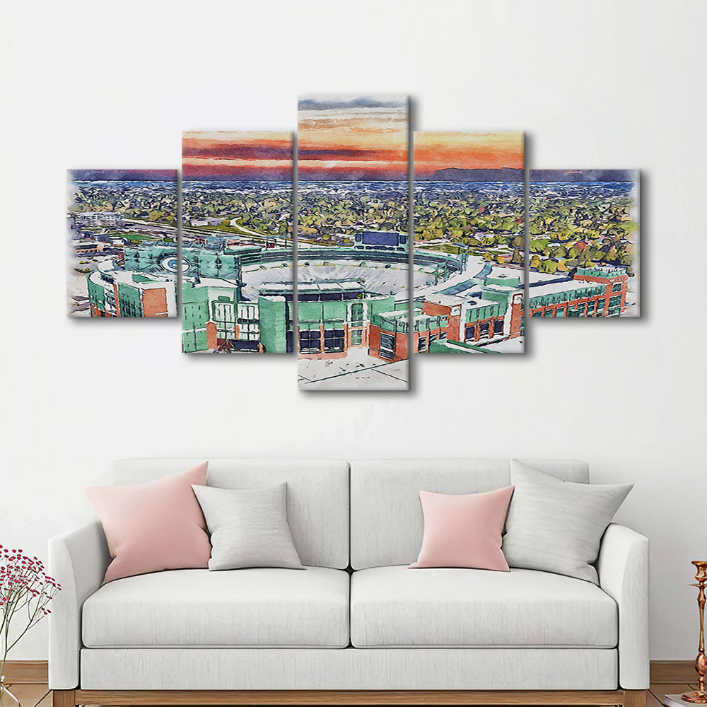 Packers Stadium Painting Canvas, Lambeau Field Watercolor, Sport Art, Mixed 5 Panel, Canvas Print Wall Art