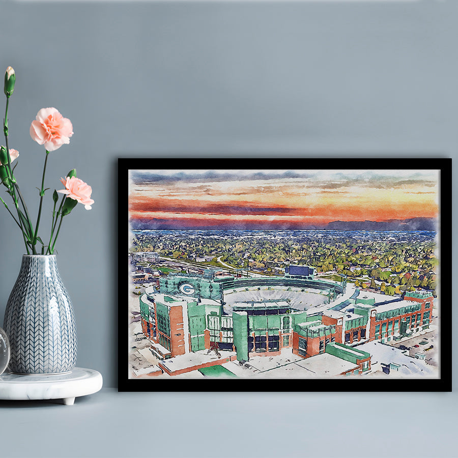 Packers Stadium Painting Canvas, Lambeau Field Watercolor, Sport Gift Art, Framed Art Print Wall Decor