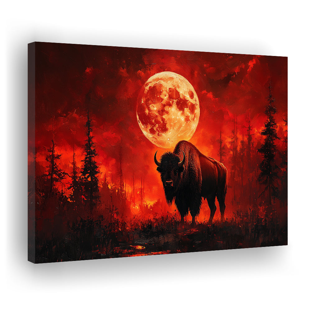 Painting Bison With Blood Moon in Night Forest, Canvas Art Decor Print, Painting Art, Canvas Print Wall Art Home Decor