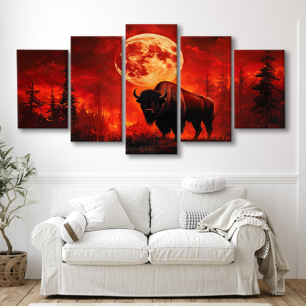 Painting Bison With Blood Moon in Night Forest, Canvas Art Decor Print, Painting Art, Mixed Panels Canvas Print Wall Art