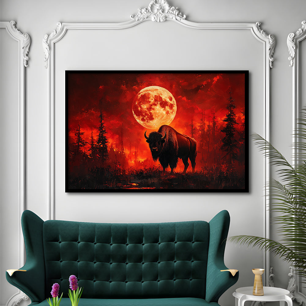 Painting Bison With Blood Moon in Night Forest, Framed  Print, Painting Art, Framed Art Print Wall Decor, Framed Picture