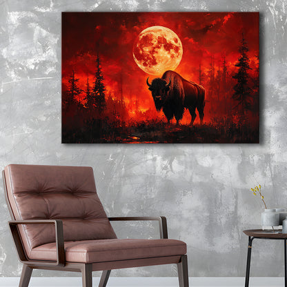 Painting Bison With Blood Moon in Night Forest, Canvas Art Decor Print, Painting Art, Canvas Print Wall Art Home Decor
