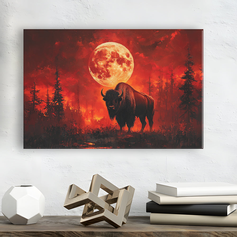 Painting Bison With Blood Moon in Night Forest, Canvas Art Decor Print, Painting Art, Canvas Print Wall Art Home Decor