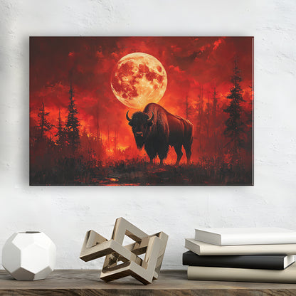Painting Bison With Blood Moon in Night Forest, Canvas Art Decor Print, Painting Art, Canvas Print Wall Art Home Decor