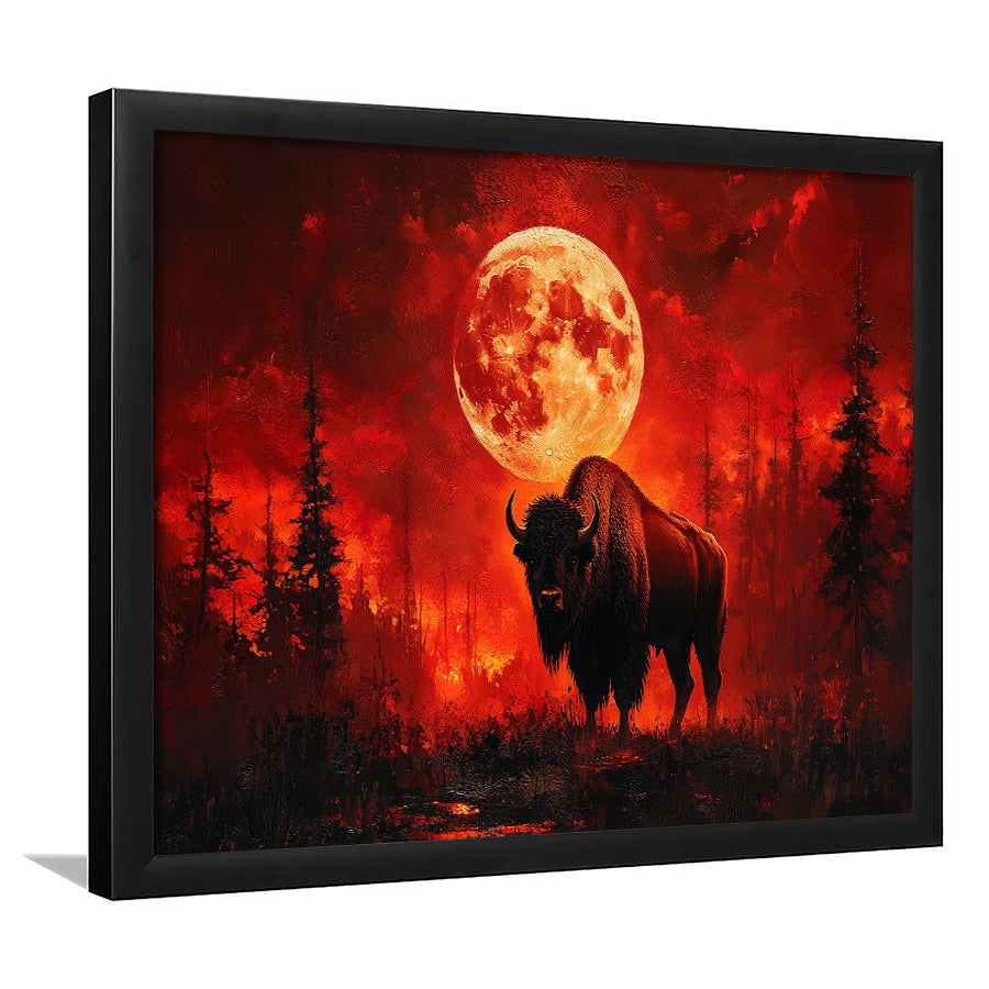 Painting Bison With Blood Moon in Night Forest, Framed  Print, Painting Art, Framed Art Print Wall Decor, Framed Picture