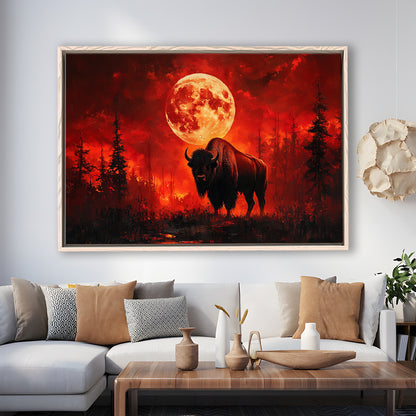 Painting Bison With Blood Moon in Night Forest, Framed Canvas Print, Painting Art, Floating Framed Canvas Wall Art