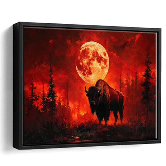 Painting Bison With Blood Moon in Night Forest, Framed Canvas Print, Painting Art, Floating Framed Canvas Wall Art